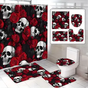 Halloween Skull & Rose Shower Curtain Set, Dark Bathroom Decor, Bathroom Decoration Accessories, Includes Bath Mat, Toilet Cover, U-Shaped Pad, Perfect Gift