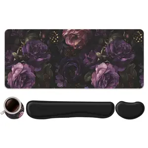 4pcs Dark Purple Floral Vintage Design Mouse Pad + Keyboard Wrist Rest + Ergonomic Mouse Pad + Coaster Set For Desktop Decoration, Office Accessories Set Ergonomic Wrist Support, Computer Mat Mouse Pad Coaster Suitable For Home Office Gaming
