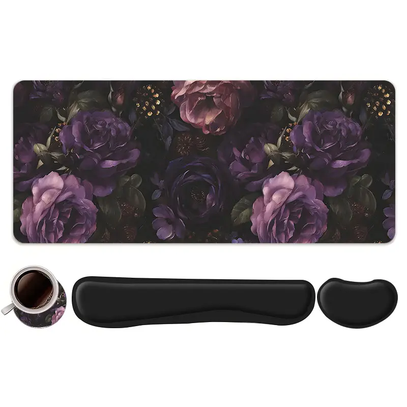 4pcs Dark Purple Floral Vintage Design Mouse Pad + Keyboard Wrist Rest + Coaster Set, Wrist Rest For Keyboard And Mouse, For Desktop Decoration, Office Accessories, Home Office Gaming, Mouse Pad With Wrist Rest