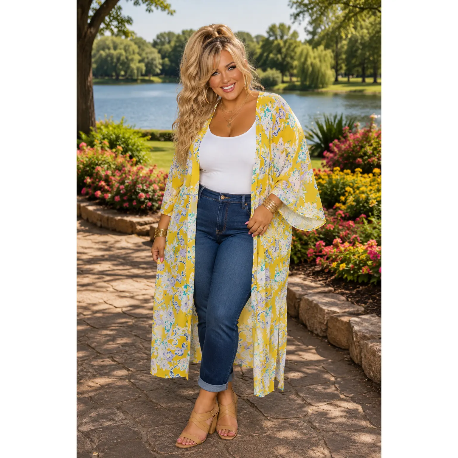 LD {Floral Daydream} Yellow Floral Sheer Duster Kimono PLUS SIZE 1X 2X 3X