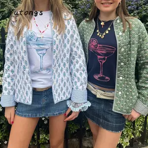 Women's Quilted Jacket Double Sided Printed Mock Neck Long Sleeve Button Down Coat Casual Outerwear