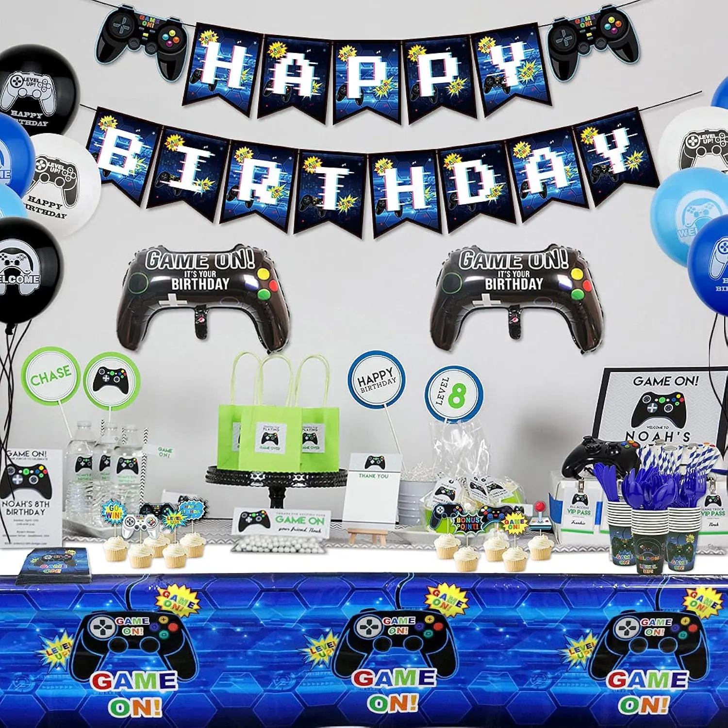Video Game Party Supplies Set Birthday Decoration For Boys - Including Happy Birthday Gamer BannerController BalloonsFringe CurtainsPlatesCupsNapkinsTablewareTableclothBalloons - Serves 20