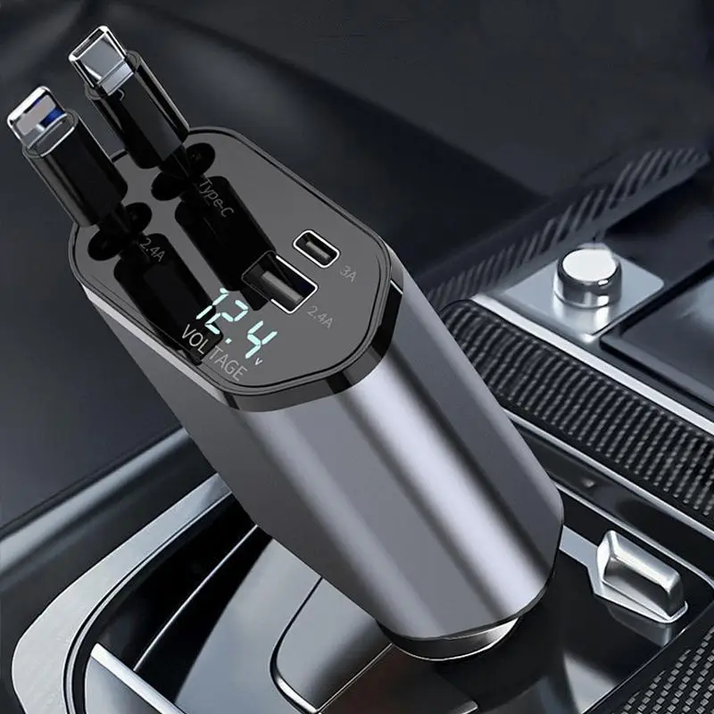 Retractable Cable Design 4 In 1 Car Charger, Dual Ports USB-C Fast Charging Car Charger, Universal Car Electrical Appliances For Car