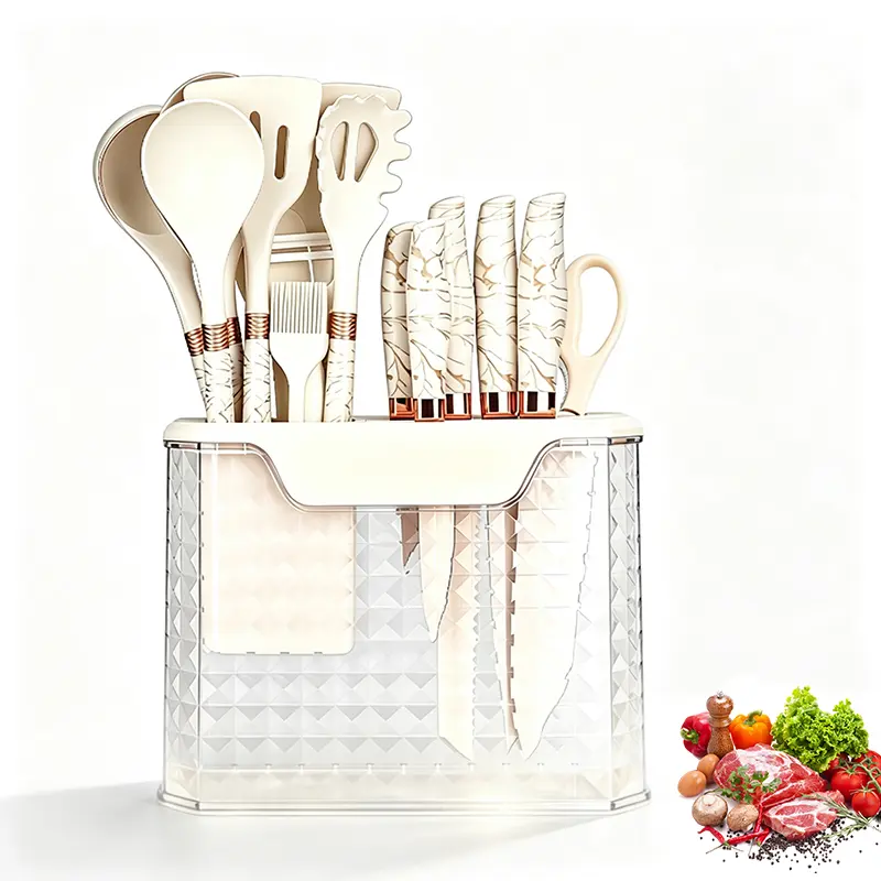 16-Piece Kitchen Knife & Silicone Utensil Gift Set with Clear Storage Rack, Multipurpose Cooking Tools for Meat Cutting, Vegetable Slicing, Noodle Cooking, Soup Making & Stir-Frying