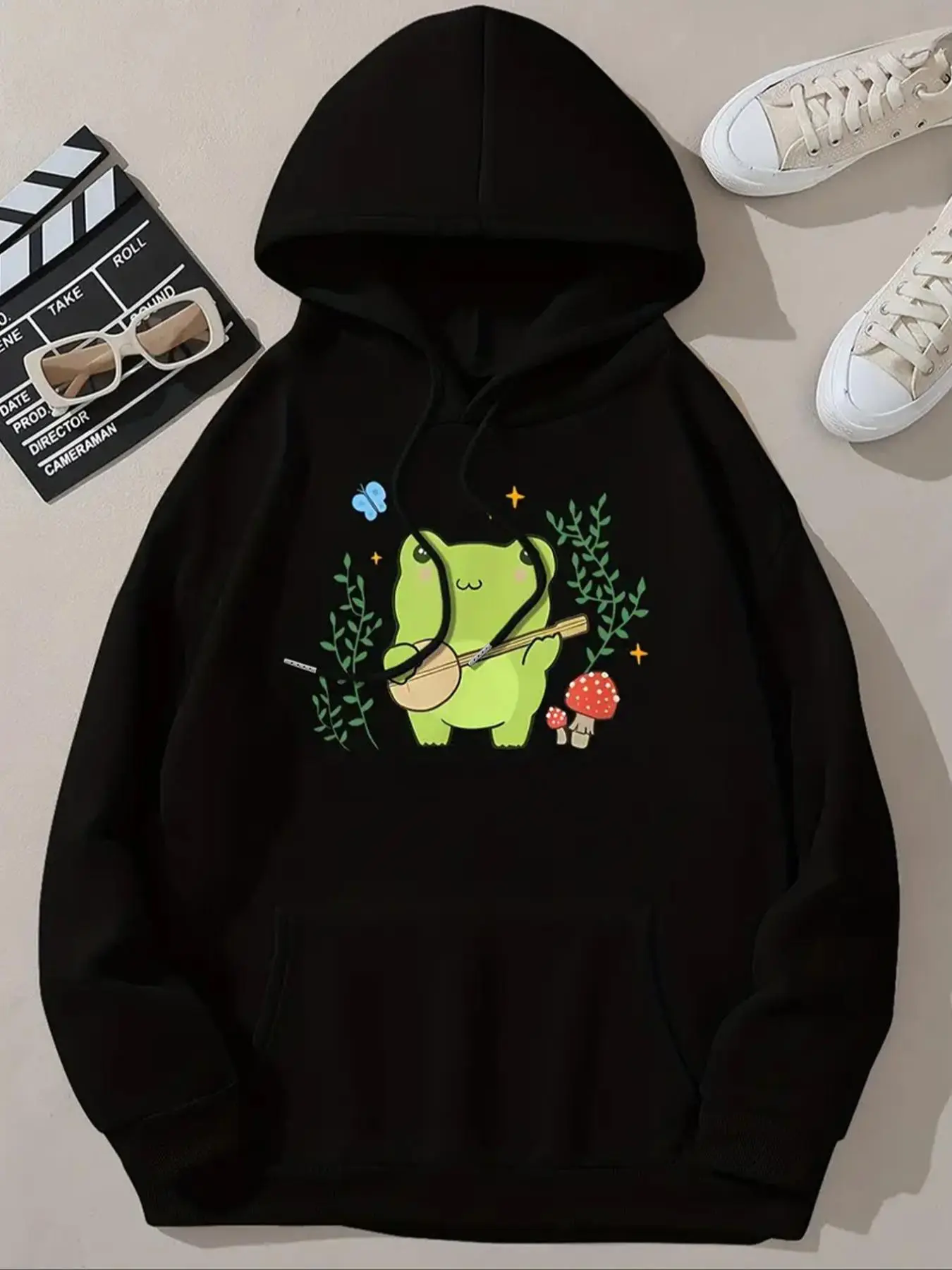 Women's Cartoon Frog Print Drawstring Pocket Hoodie, Casual Drop Shoulder Long Sleeve Hooded Sweatshirt, Ladies Fall & Winter Clothes for Daily Wear