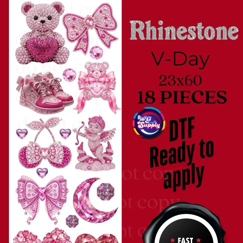 Rhinestone DTF Gang Sheet 18 Pieces Ready to Apply 23x60 Transfers for Heat Presses Commercial Use Fast Shipping