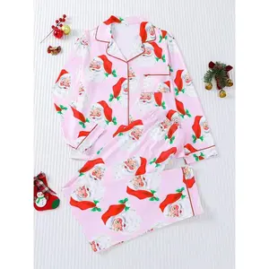 Two-piece set: a small grass-green hat and Santa Claus–themed long-sleeve pants for Halloween; a soft, comfortable top with a small pocket and button closure; and an elastic waistband. Suitable for all seasons as casual home wear.