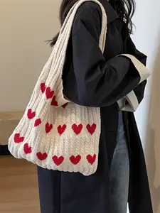Heart Pattern Colorblock Crochet Handbag, Large Capacity Fashion Beach Bag, Multifunctional Commuter Bag, Perfect Valentine's Gift, Crossbody Crochet Bags