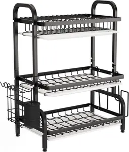 Easylife 3-Tier Metal Drying Rack with Large Capacity, Utensil Holder, Cutting Board Holder, and Drain Board Tray for Kitchen Counter Storage (Black)