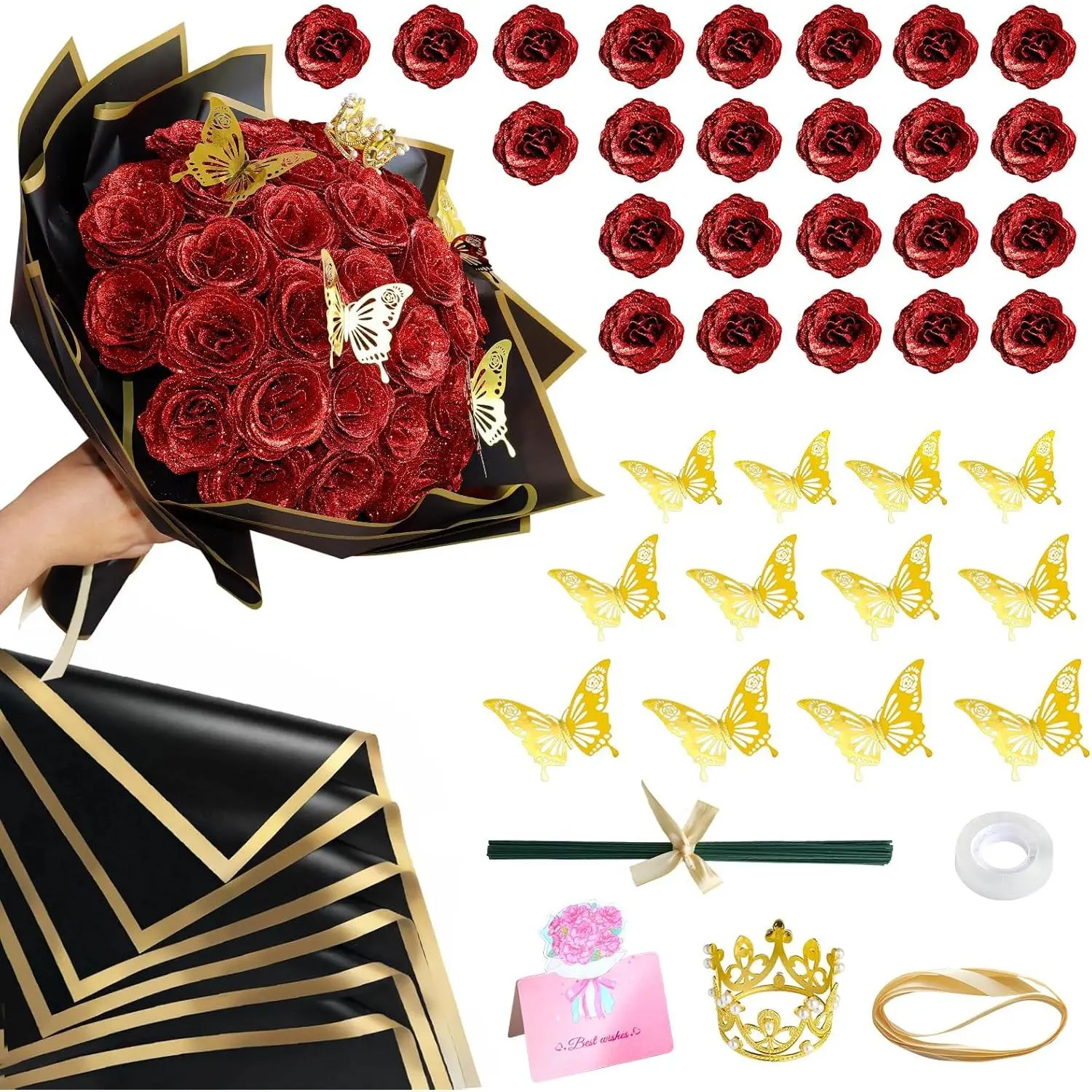 DIY Glitter Roses Bouquet Red - Artificial Rose Bouquet Kit Shiny Fake Eternal Floral Bouquets for Graduation Wedding Anniversary Birthday, Mother's Day Gifts for Her - 24 Pack