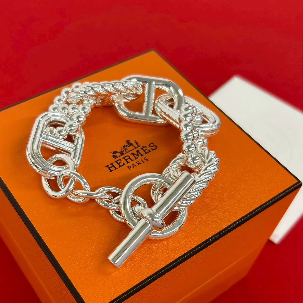 Pre-owned HERMÈS Sterling Silver 925 (Ag925) Small Leather Goods Hermes Chaine d Ancre Area2 Bracelet