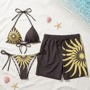 [HOT SUMMER 2026] Golden Sunburst Matching Couple Swimwear Set – Brown Bikini & Men’s Swim Trunks, Tropical Beach Vacation Outfit