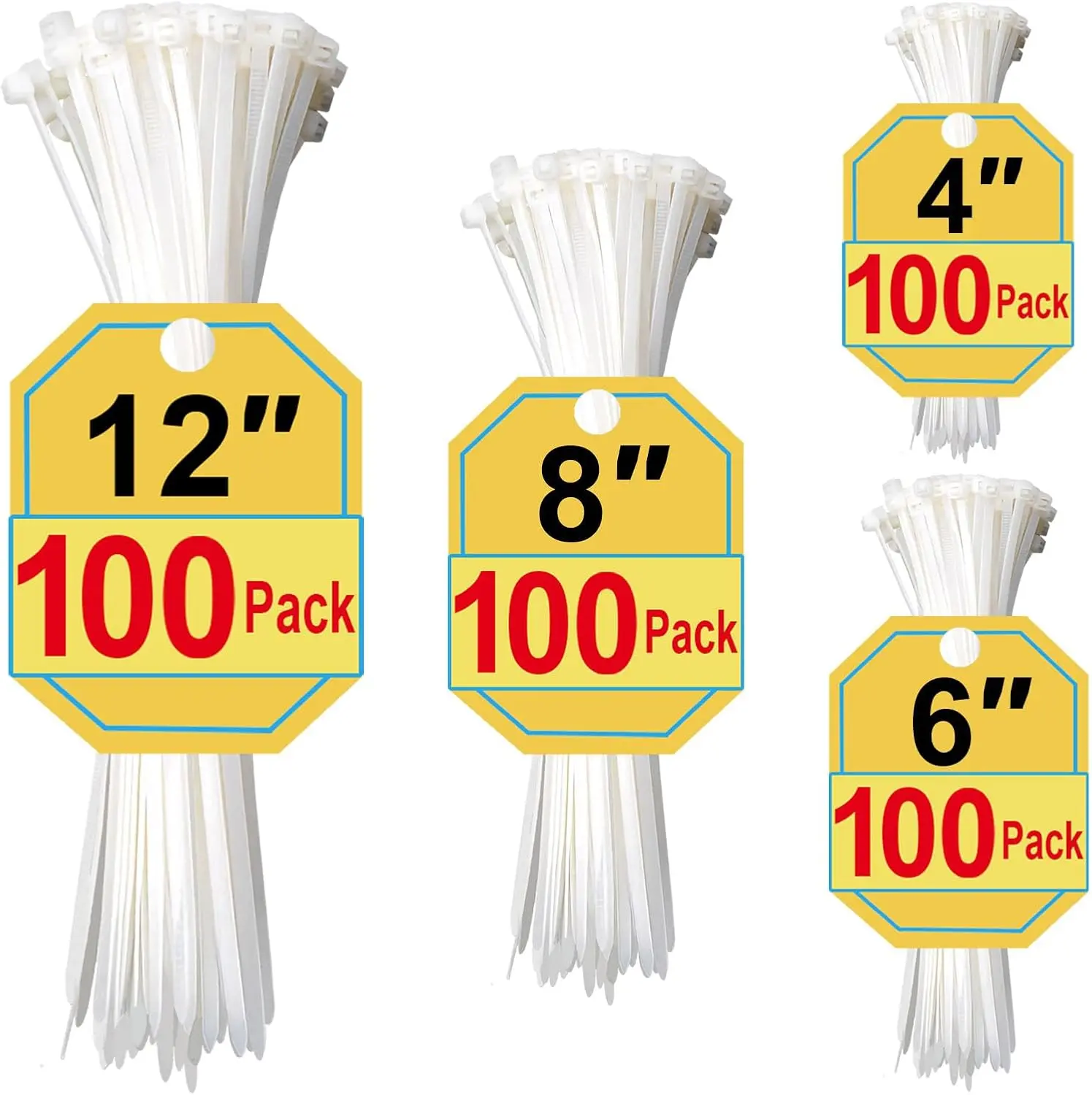White Zip Ties Assorted Sizes 4+6+8+12 Inch, 400 Pack, Clear Zip Ties, White Cable Ties, Zipties Clear, UV Resistant Wire Ties, Plastic Ties, Tie Wraps Assorted Sizes