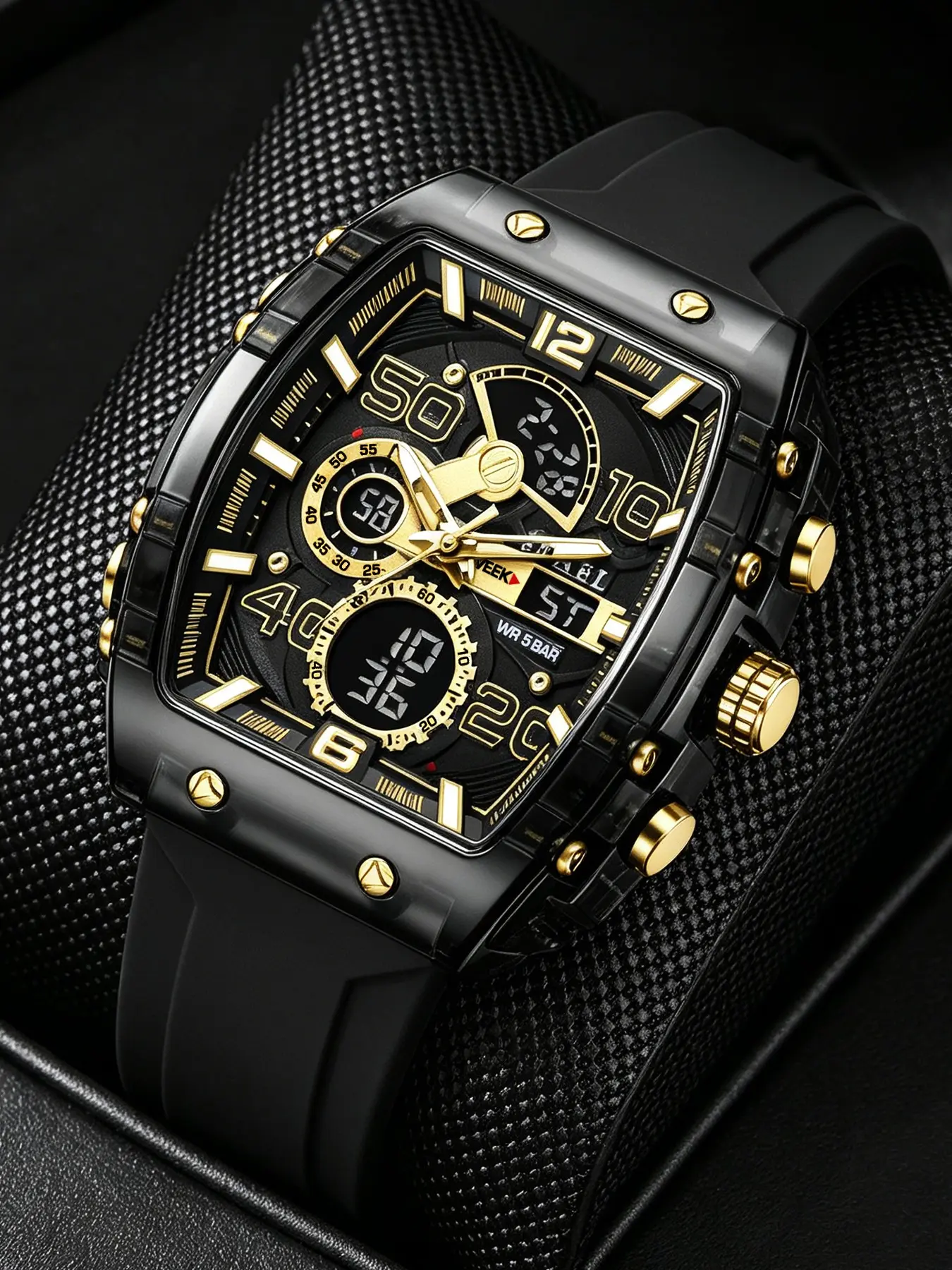 SMAEL Outdoor Sport Dual Display Alarm Digital Watch for Men Quartz Analog Wristwatch Chronograph Silicone Band Male Clock Tonneau Dial Water Resistant Watch Sports Digital Watch