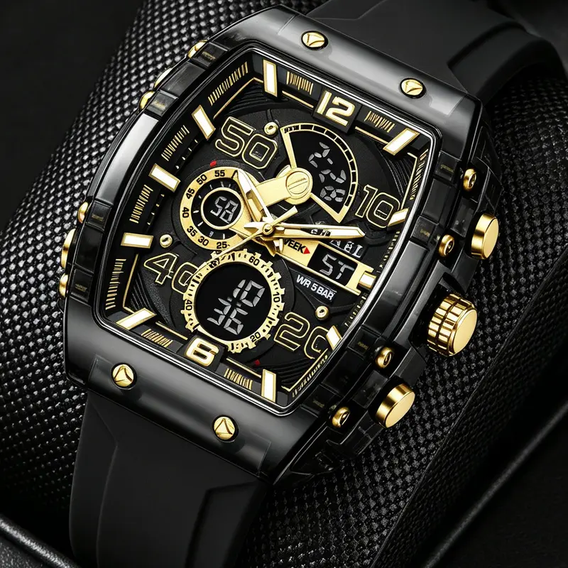 SMAEL Outdoor Sport Dual Display Alarm Digital Watch for Men, Quartz Analog Wristwatch with Chronograph, Tonneau Dial Water Resistant Watch with Silicone Band, Sports Digital Watch, Quartz Analog Watches
