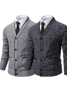Men's 2-Pack V-Neck Button-Front Knit Cardigan, Long Sleeve Pocketed Outerwear, Business Casual Daily Wear, Spring Fall Comfortable Knit Top