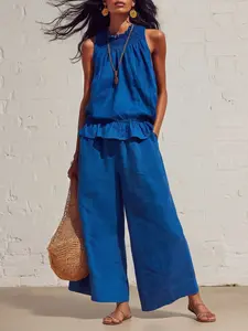 Women's Summer Thin Solid Color Bohemian Boho Style Ruffle Tie Sleeveless Long Pants Cotton Linen Two-Piece Set, Casual High Waist Loose Fit