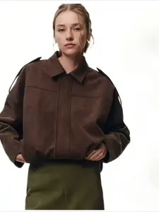 Women's New Suede Shoulder Strap Waist Cinched Pilot Jacket, Loose Batwing Sleeve Vintage Casual Short Coat, Versatile Commute Top