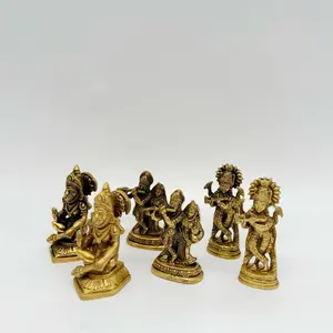 Mini Hanuman Radha Krishna Figurines Handcrafted Gold-Toned Spiritual Home Decor Collectible Art