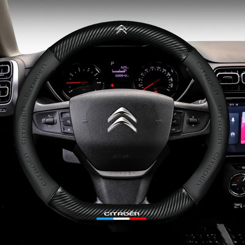 Anti-Slip Nappa Leather Carbon Fiber Steering Wheel Cover, Compatible with Citroen Models, Durable & Stylish Car Accessory