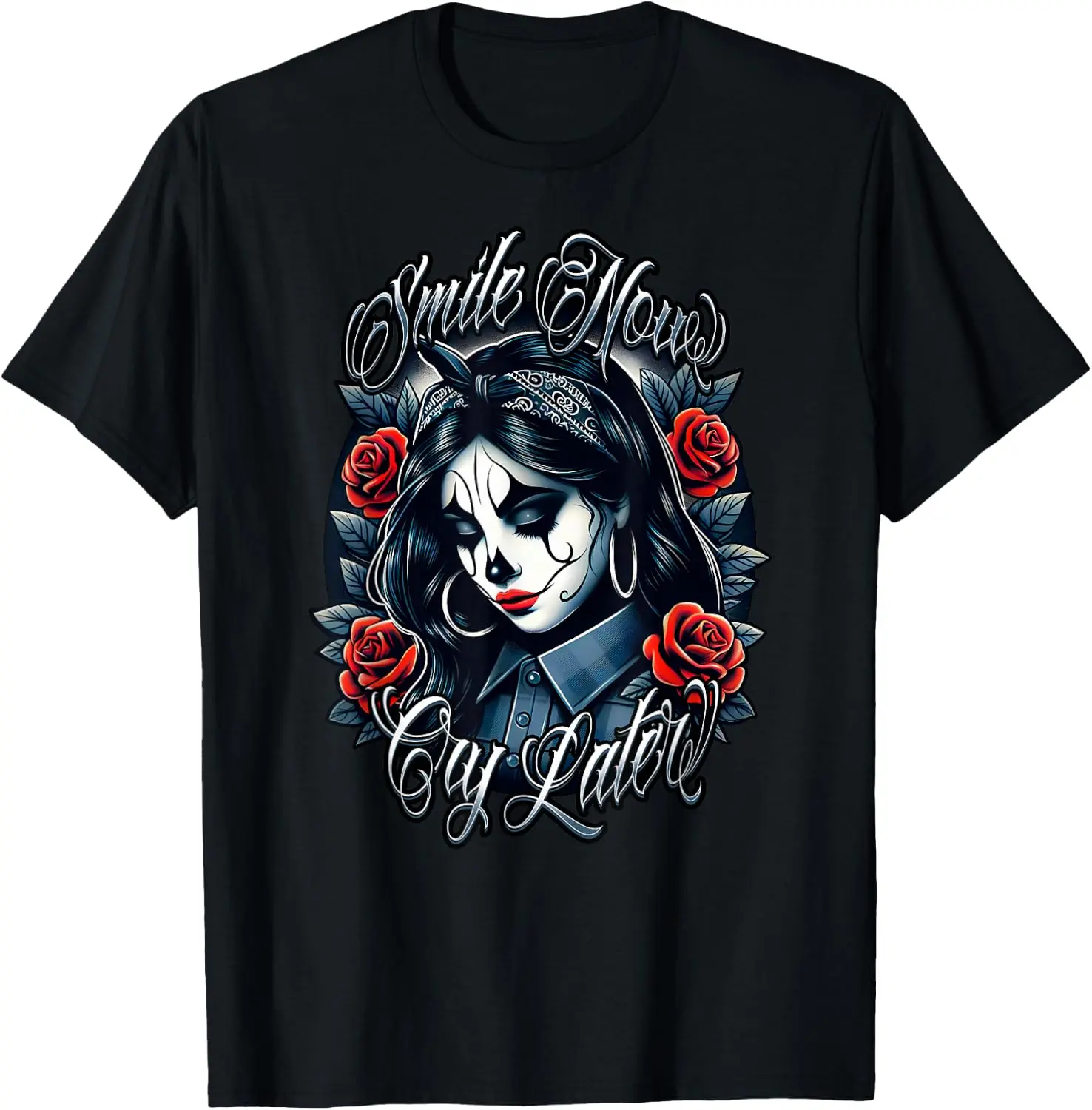 Smile Now Cry Later Graphic T-Shirt, Unisex Vintage Chicano Art Streetwear Top in 100% Cotton, Oversized Fit Short Sleeve Crewneck, Shortsleeve, Round Neck, Tshirt