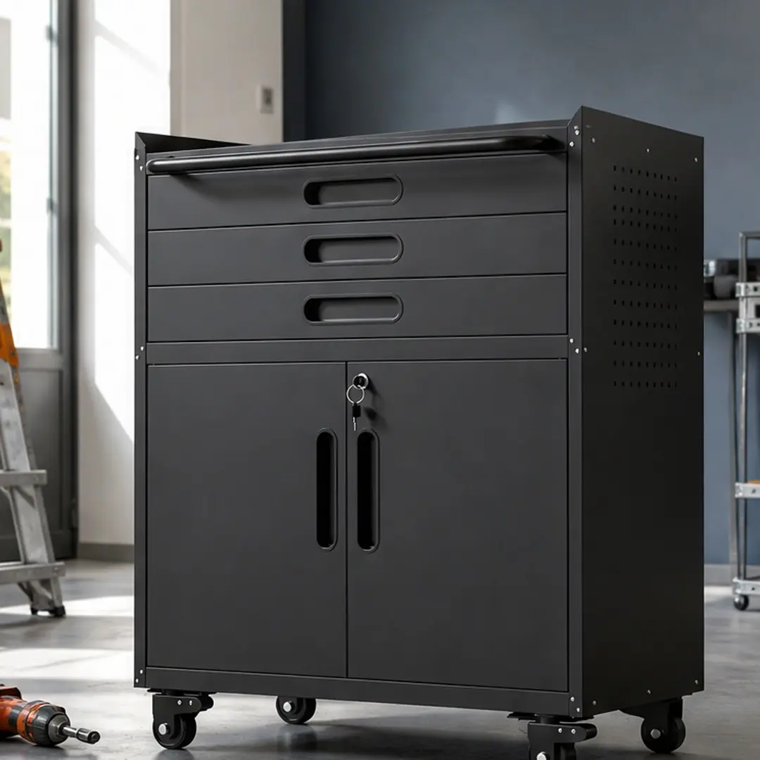 ARCH 34.3" Rolling Metal Tool Cabinet, Heavy Duty Garage Storage with Lockable Doors & 3 Drawers, Mobile Workbench Organizer for Workshop, Home, Black Powder-Coated Steel, Modern Style, Multiple Color Options, 71"H/72"H/Black/Wheels Color Options