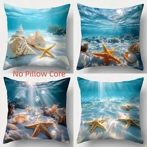 4pcs, Ocean Underwater Shell and Starfish Pattern Themed Throw Pillow Covers, Modern Fashion Decorative, Home Summer Décor Products, Suitable Living Room, Bedroom, Sofa and Bed Decoration, 2D Flat, Single Sided Printing, No Pillow Core