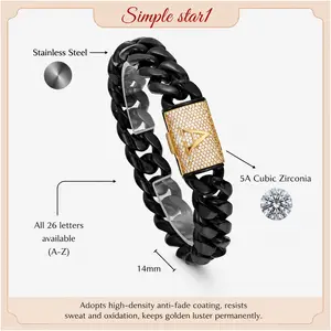 Premium 14MM Heavy Black Cuban Link Bracelet- Stainless Steel Custom A-Z Iced Out Initial Clasp 5A CZ Cubic Zirconia Hip Hop Bling Streetwear Jewelry, Waterproof Sweatproof Tarnish Resistant Non-Fade, Perfect Birthday Anniversary Valentines Christmas Gift