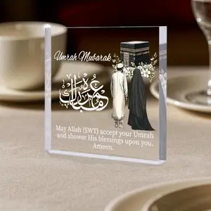 Ramadan Umrah Mubarak Acrylic Plaque, 1 Count Square Acrylic Sign, Islamic Muslim Decorations, Home Desk Table Shelf Decor, Kaaba Blessings Decor