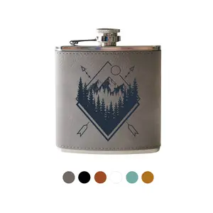 Flask-Geometric Mountains with Trees. Hiking, Camping cute flask gift him or her. Engraved Leather hip flask stainless steel