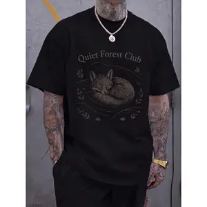 Black Sleeping Fox Graphic Tee With Vintage Hand Drawn Woodland Illustration In Warm Brown Ink, Arched Rustic Script Detail, Soft Cotton Blend Relaxed Fit Unisex Top, Casual Printed Tee Summer Shirt, Streetwear Aesthetic Trendy Nature Design