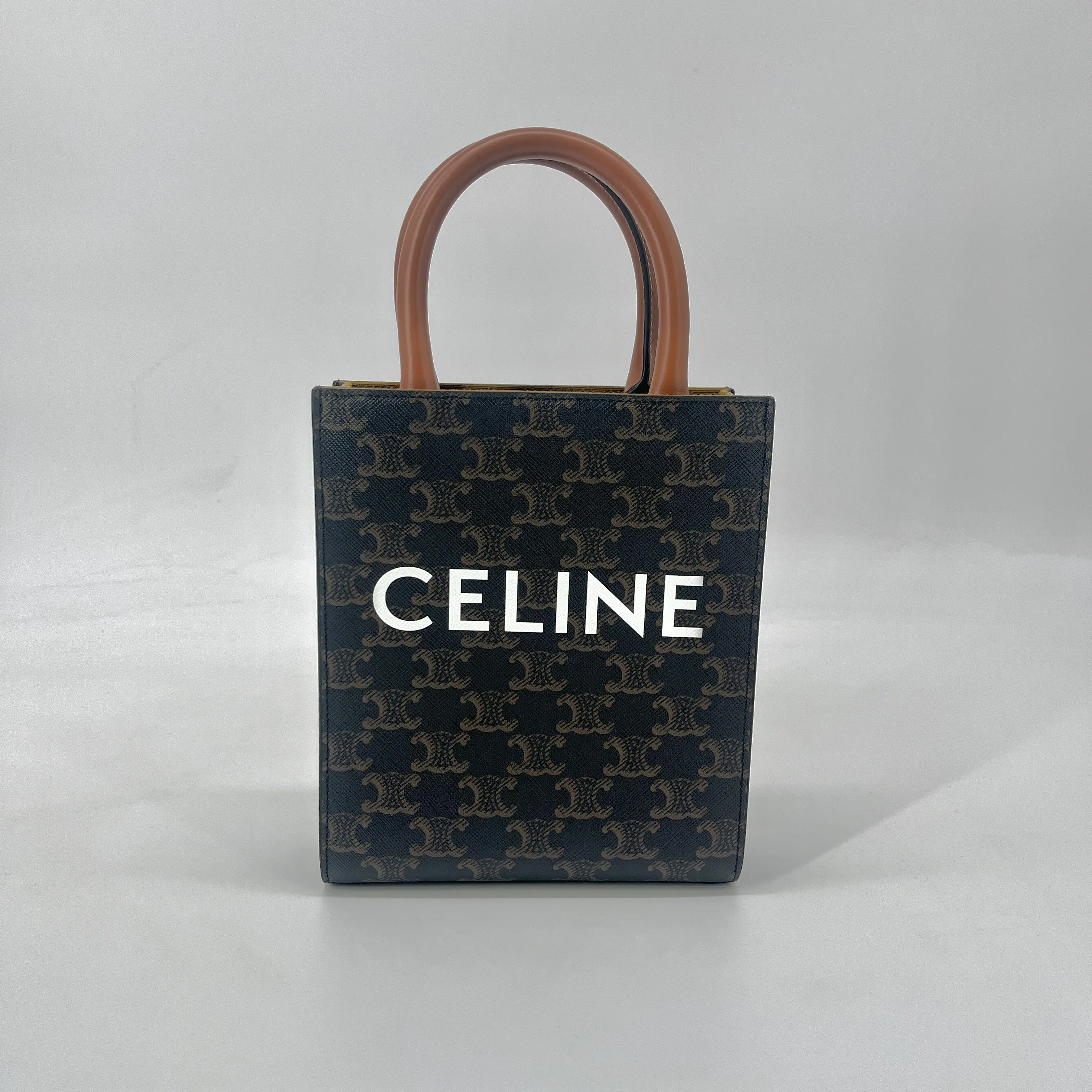 Pre-owned Celine Triomphe Canvas Tote bags Mini Vertical Cabas Handbag Monogram, Calfskin, Optional Shoulder Strap, Final Sale Luxury Tote Bag