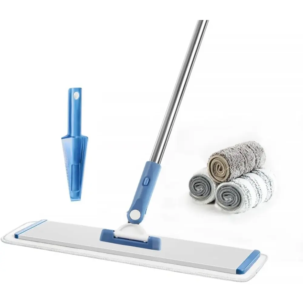 Commercial 18-in Flat Microfiber Cloth Floor Mop Cleaning System - Stainless Steel Telescopic Rod, Height Adjust 40-58 in, Durable Aluminum Handle, Wet-Dry Dust Mop, Plastic Comb Teeth Attachment, 4 Washable Pads for Hardwood, Laminate