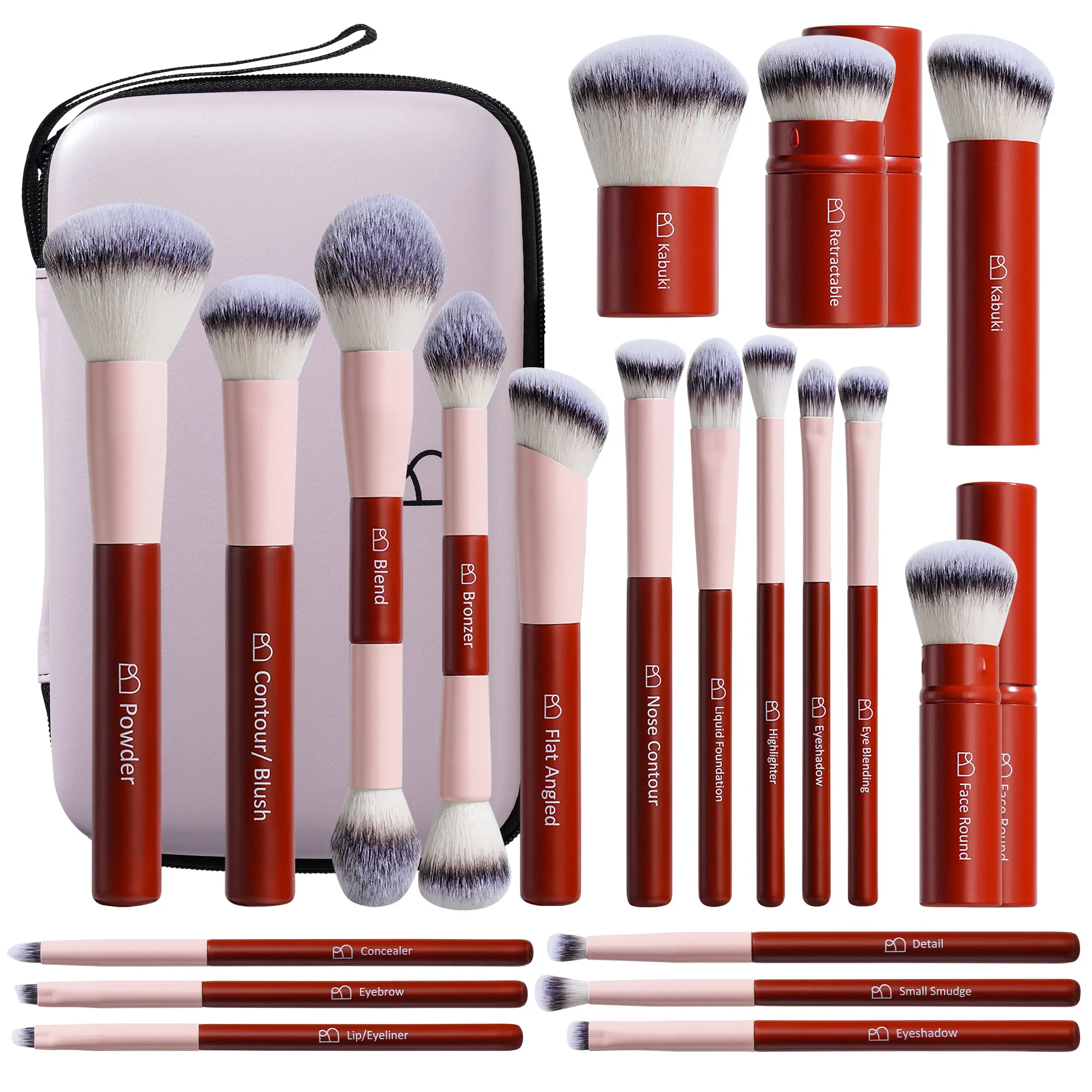 20PCS Full Makeup Brush Set with Storage Bag,Soft Dense Bristles,Pink Ferrule Red Wooden Handle,Complete Face Brushes (Concealer Brush/Foundation/Powder/Eyeshadow/Dual-Ended/Kabuki), Perfect for Beginners & Artist
