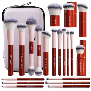 20PCS Full Makeup Brush Set with Storage Bag,Soft Dense Bristles,Pink Ferrule Red Wooden Handle,Complete Face Brushes (Concealer Brush/Foundation/Powder/Eyeshadow/Dual-Ended/Kabuki), Perfect for Beginners & Artist