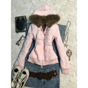 Winter American Retro Solid Hooded Hoodie Women Caasual Fashion Faux Fur Zip Up Sweatshirt Elegnat Vintage Streetwear Jacket New