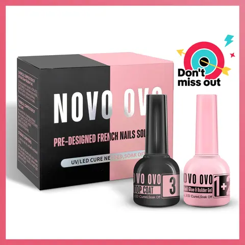 NOVO OVO French Tip Solution Kit, Including One Muti-function Gel as UV Glue, Base Coat Builder Gel 10 ml, One Premium Top Coat 10ml, for Pre-designed False Nails Tips Easy to Use 30 days lasting,familyfun