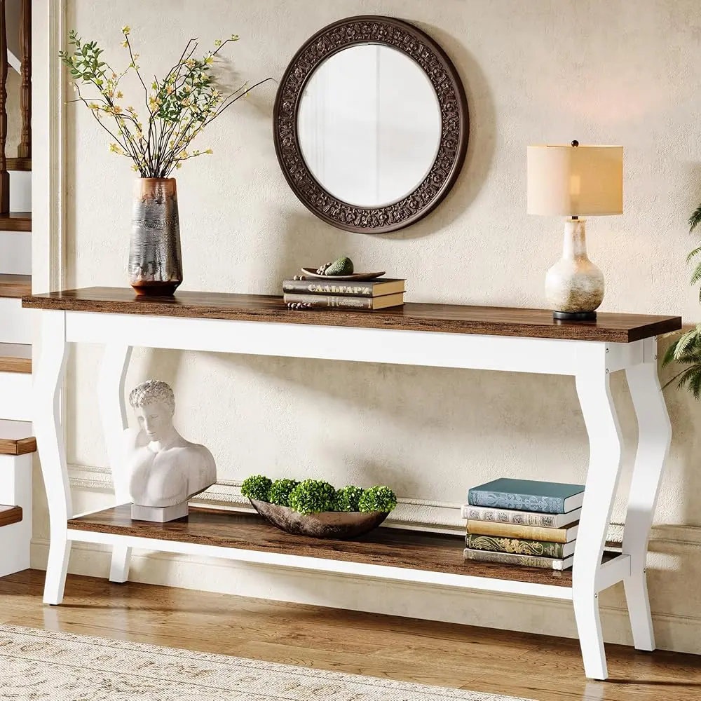 Tribesigns Vintage Console Table - 70.9'' Extra-Long for Entryway & Living Room with 2-Tier Storage, White & Brown