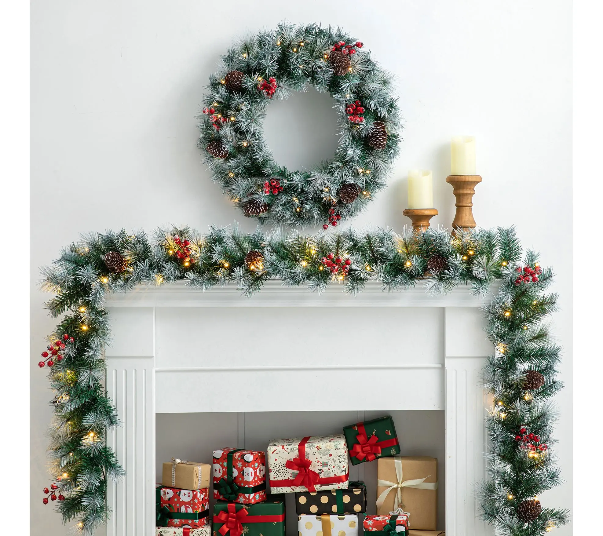 Glitzhome 9' Pre-Lit Greenery Red Berries Christmas Garland Glitzhome 9' Pre-Lit Greenery Red Berries Christmas Garland
