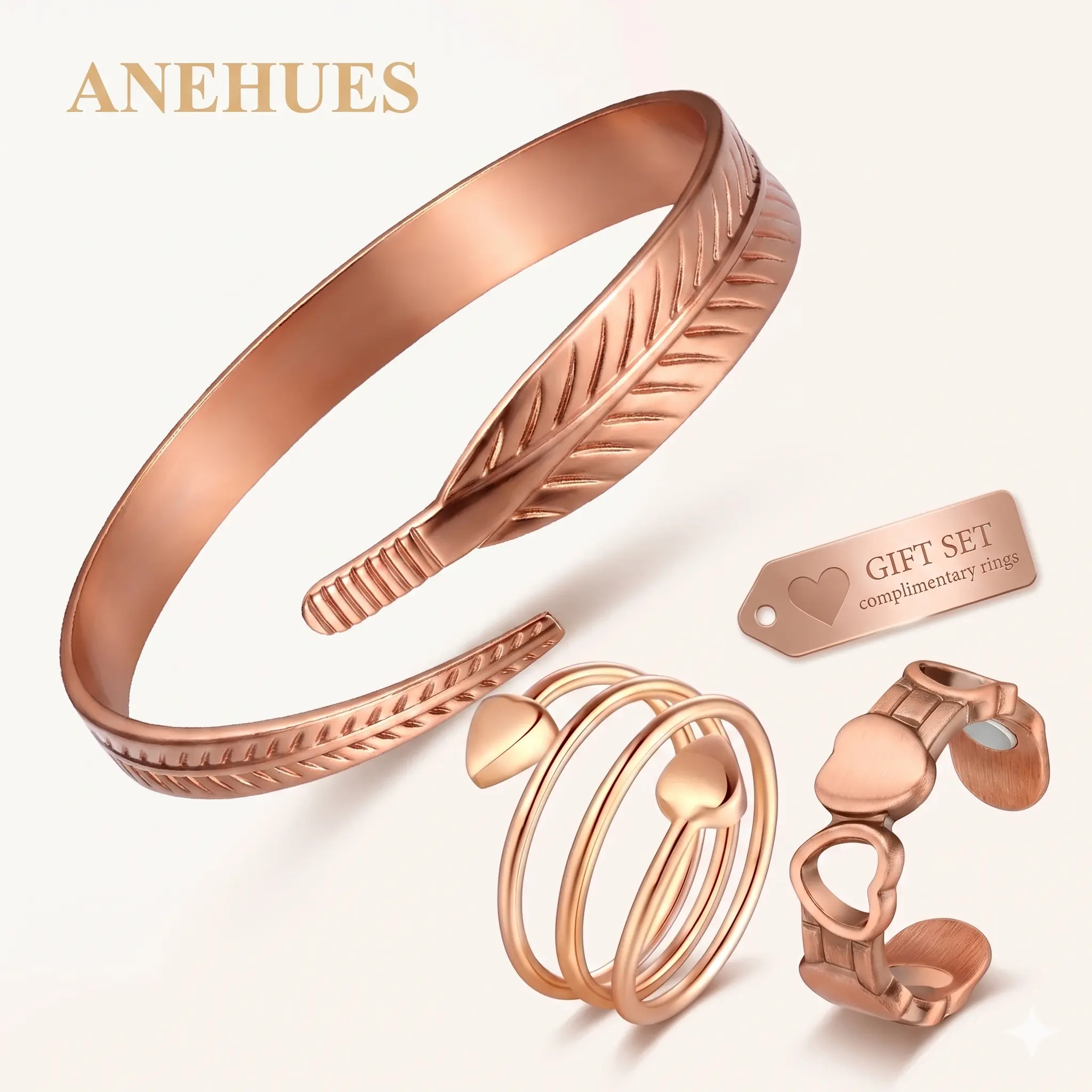 [Buy 1 Get 2] Anehues Magnetic Copper Bracelet & 2 Copper Rings Gift Set for Women | 100% Pure Copper, Adjustable Fit | Raw, Solid & Uncoated Authentic Handmade Bracelet|Pulsera Magnética de Cobre y Anillo Ajustable