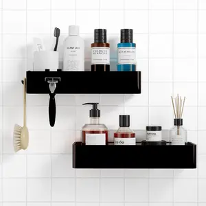 Black Bathroom Shelf 2 Pack, Metal Shower Caddy Organizer with Iron Spray Coated Frame and Raised Edge Design, Rust Resistant Wall Mounted Storage Rack for Shampoo, Soap, Skincare and Toiletries, Space Saving Bathroom Organizer
