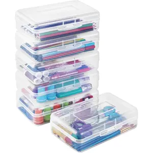 Plastic Pencil Case Box 6 Pack, Large Crayon Maker Pen Organizer, Plastic Containers with Snap Lids, Stackable Craft Storage Boxes Bulk, School Supplies Art Box for Bead, Clear