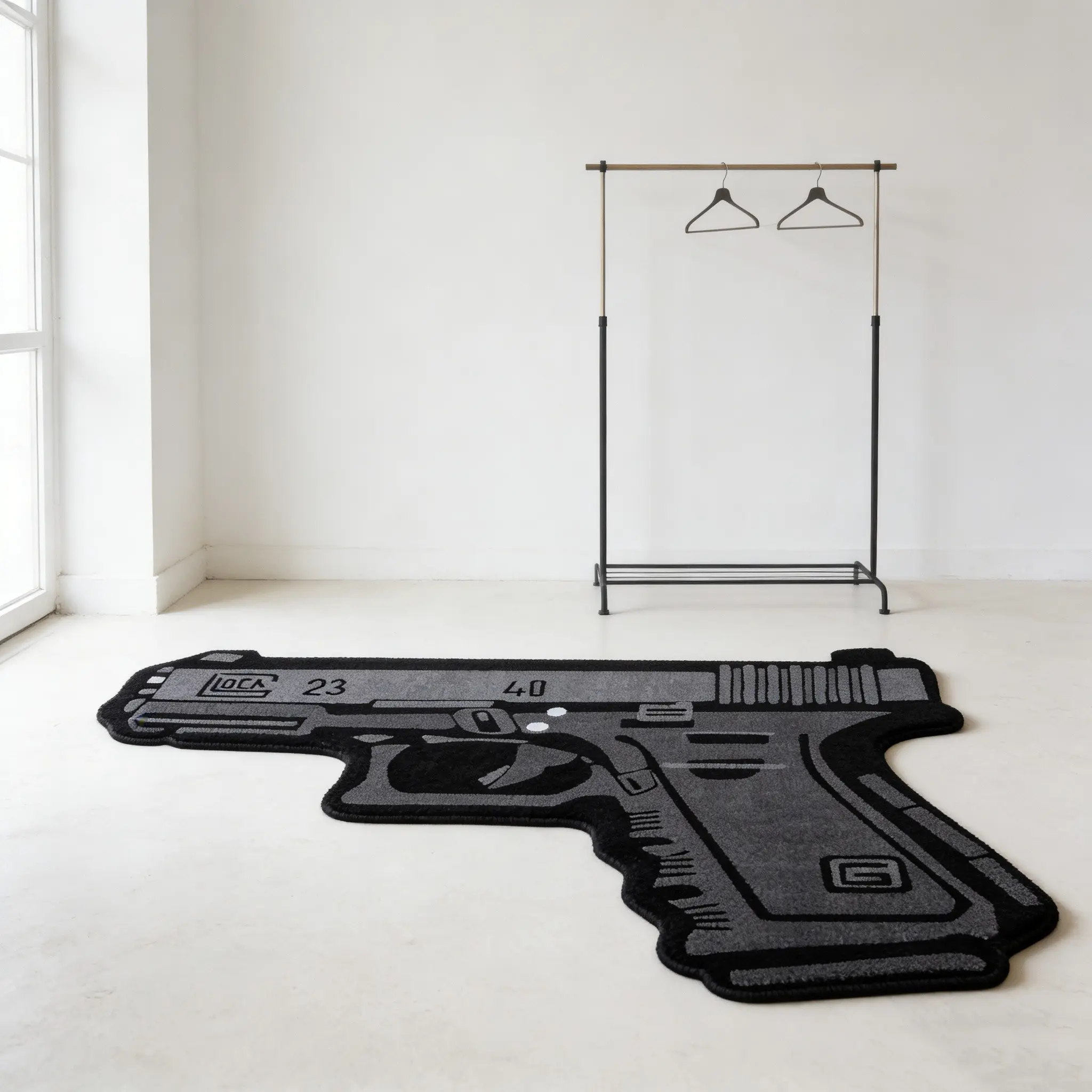 Gun shaped irregular design carpet, black gray contrasting color plush floor mat, entrance anti slip and wear-resistant foot mat, Floor Mats For House, decoration mat suitable for ins style/street trend home decoration, Home Decor Rug