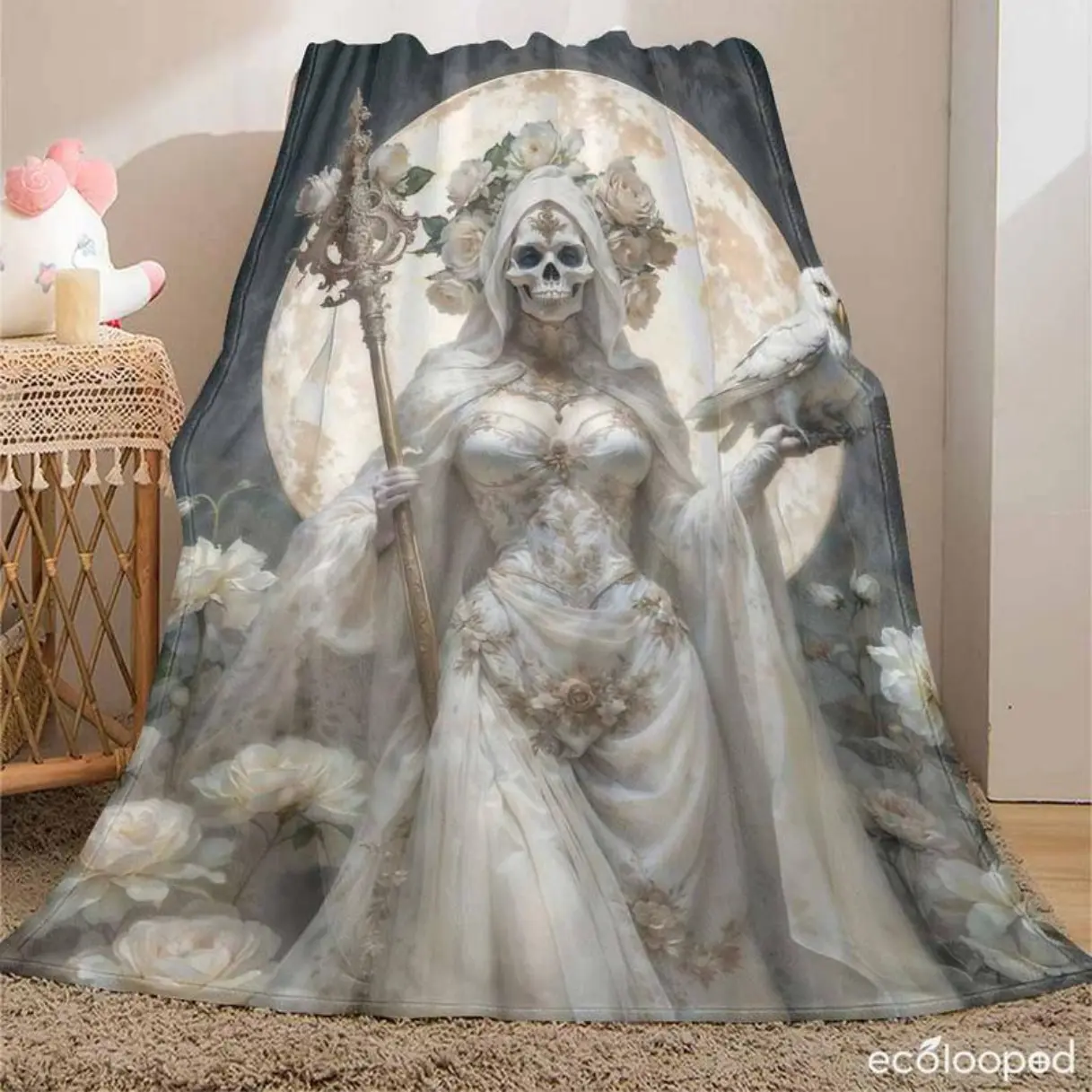 Moonlit Santa Muerte Flannel Blanket UltraSoft Warm Lightweight for Gothic Home Decor Halloween  Gift Sofa Throw and Spooky Season Snuggles Day of the Dead  Lightweight, soft, skin-friendly and breathable