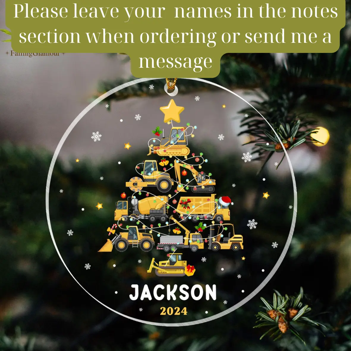 Personalized Construction Acrylic Ornaments, Excavator Ornament Backhoe, Excavator Truck Christmas Ornament, Gift for Kids, Gift For Boy