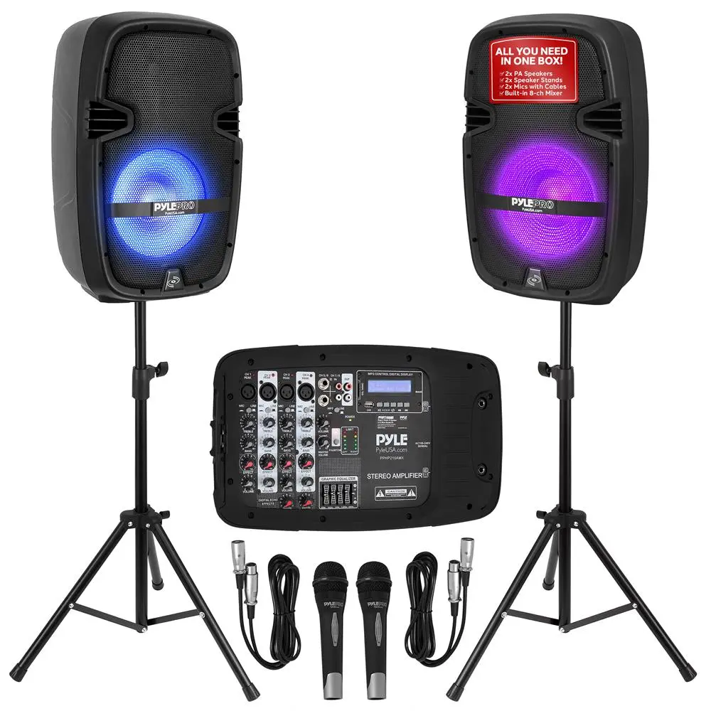 Portable 600W Digital PA Speaker DJ Mixer Bundle - 10" Audio Speakers with Bluetooth, LED Lights, Guitar Compatibility, Subwoofer, MP3 Support, Amplifier Functionality, Smartphone Connectivity, USB Port, Handheld Use, Memory Playback