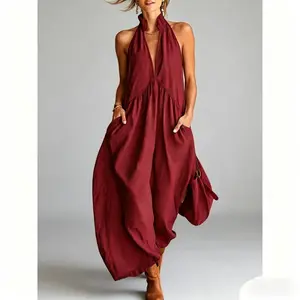 Women's Vintage Solid Halter Neck Backless High Waisted Maxi Dress - Sleeveless Wrap Casual Wear with Pockets, Minimalist Basic for Summer Soccer Game Day