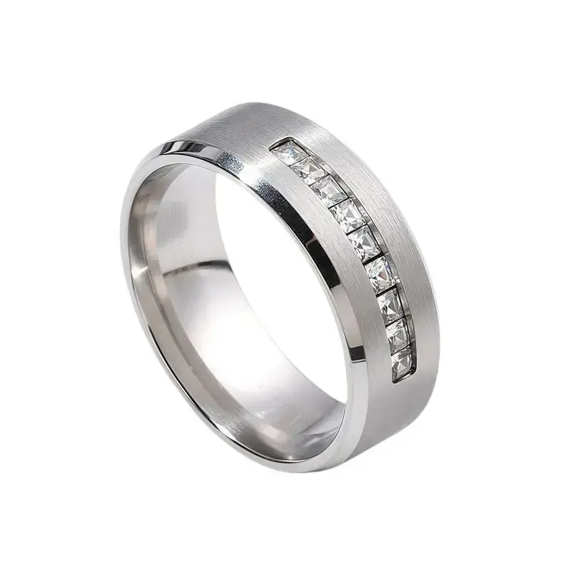 Men's Titanium Beveled Edge Polished Satin Finish Ring, Channel-Set Princess-Cut Cubic Zirconia Wedding Band, Hypoallergenic for Sensitive Skin, Anniversary Graduation Gift, Diamond Look Rings