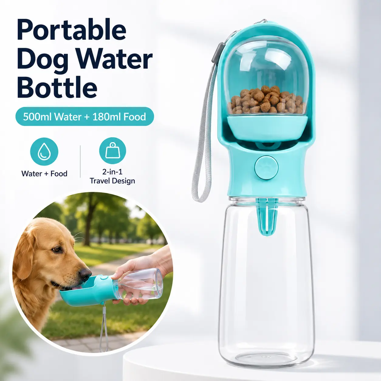 Portable Dog Water Bottle with Food Container, 2-in-1 500ml Water Cat & 180ml Food Dispenser, Drinking Cup, Carry Strap for Walking, Hiking Pet Pill Pusher Feeder Set