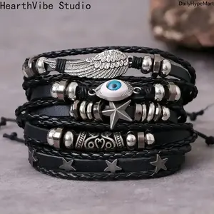 Multi-Layer Woven Leather Bracelet - HearthVibe Studio Unisex Wear Punk Style Jewelry with Star Accents, Eye Charms, Black Woven Layers, Ideal for Daily Wear, Anniversary Gift